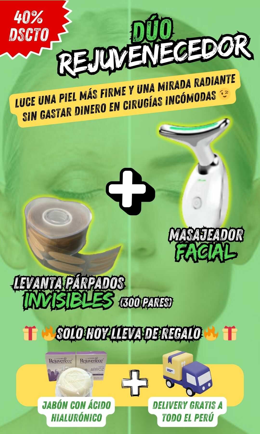DÚO REJUVENECEDOR (LEVANTA PÁRPADOS + MASAJEADOR FACIAL LED + REGALO)