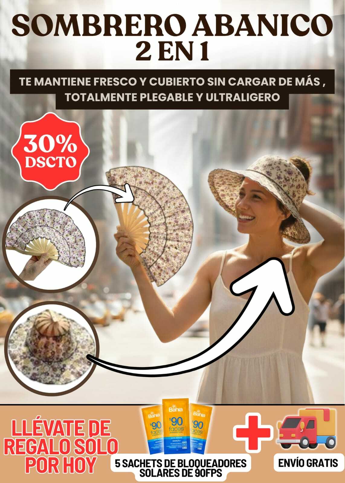 SOMBRERO ABANICO 2 EN 1 + 3 BLOQUEADORES